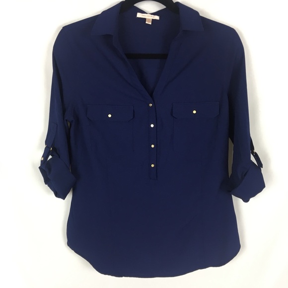 Skies are Blue Navy Button Down Cuffed Sleeve Top - Picture 1 of 3